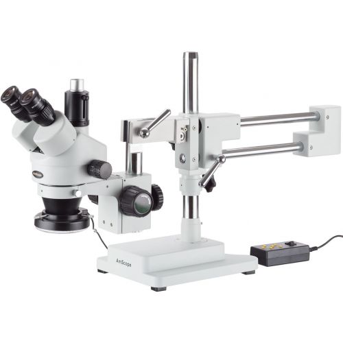  AmScope SM-4TZ-144A Professional Trinocular Stereo Zoom Microscope, WH10x Eyepieces, 3.5X-90X Magnification, 0.7X-4.5X Zoom Objective, Four-Zone LED Ring Light, Double-Arm Boom Sta