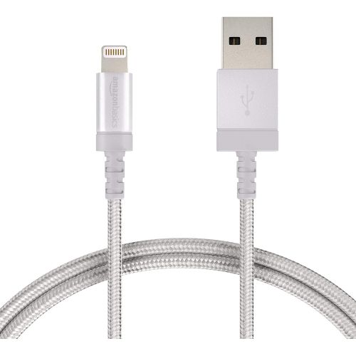  AmazonBasics Nylon-Braided USB A to Lightning Compatible Cable - Apple MFi Certified, Silver, 6-Foot, 10-Pack