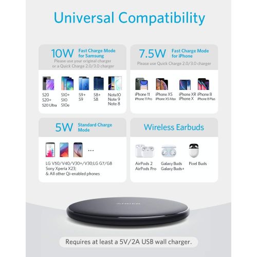 앤커 [아마존 핫딜] [아마존핫딜]Anker Wireless Charger PowerWave Ladepad, Kabelloses 7.5W Ladegerat, Qi-Zertifiziert, 7.5W fuer iPhone XR/XS/X/8, 10W fuer Samsung Galaxy S9/S9+/S8 usw.(Netzteil Nicht inklusive, 120