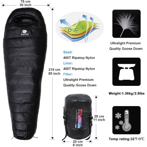  Anyoo Mummy Goose Down Sleeping Bag Ultralight Portable 3 Season for Backpacking Hiking Camping Indoor & Outdoor Use for Adult