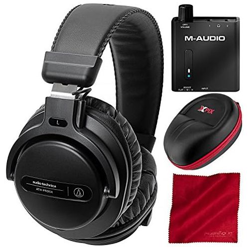 오디오테크니카 Audio-Technica ATH-PRO5XBK Professional On-Ear DJ Monitor Headphones with M-Audio Bass Traveler Headphone Amplifier, Xpix Headphone Case, and Fibertique Cloth