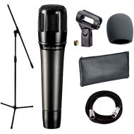 Audio-Technica ATM650 Dynamic Hypercardioid Instrument Microphone + with Mic Clamp & Pouch + Mic Stand + Mic Cable, 20 ft. XLR & Foam Windscreen