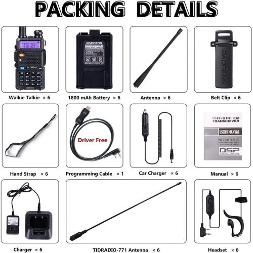  BaoFeng UV-5R Dual Band Two Way Radio Black(6 Pack) + 6 NA-771 Antennas and Speaker Mics + 12 1800mah Batteries + 1 Programming Cable