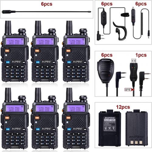  BaoFeng UV-5R Dual Band Two Way Radio Black(6 Pack) + 6 NA-771 Antennas and Speaker Mics + 12 1800mah Batteries + 1 Programming Cable