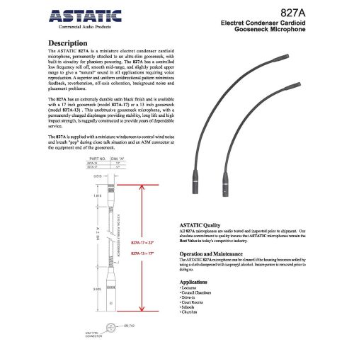 Astatic 22-inch Condenser Cardioid Mini Gooseneck Microphone - Speech Tailored Frequency Response