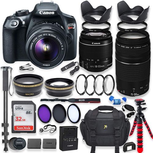 캐논 Canon EOS Rebel T6 DSLR Camera with 18-55mm IS II Lens Bundle + Canon EF 75-300mm f4-5.6 III Lens and 500mm Preset Lens + 32GB Memory + Filters + Monopod + Spider Tripod + Profess