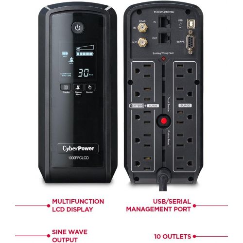  CyberPower CP1500PFCLCD PFC Sinewave UPS System, 1500VA900W, 10 Outlets, AVR, Mini-Tower