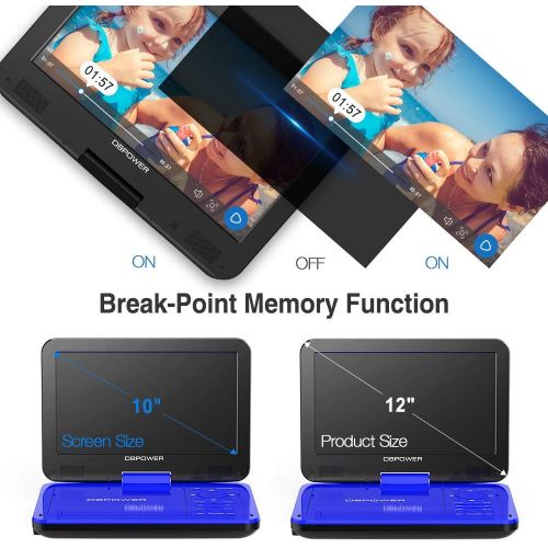  [아마존 핫딜] [아마존핫딜]DBPOWER 12 Portable DVD Player with 5-Hour Rechargeable Battery, 10 Swivel Display Screen, SD Card Slot and USB Port, with 1.8 Meter Car Charger and Power Adaptor, Region Free- Blu