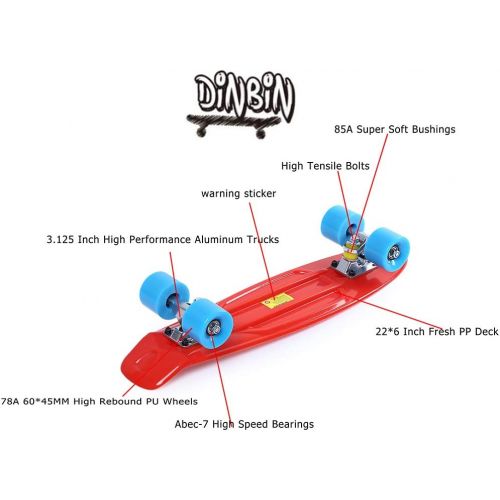  DINBIN Complete Highly Flexible Plastic Cruiser Board Mini 22 Inch Skateboards for Beginners or Professional, ABEC-7 High Speed Bearings, High Rebound PU Wheels (220 Pounds)