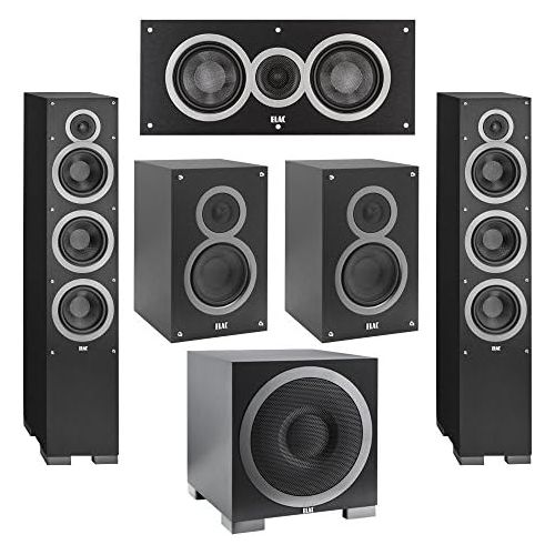  Elac 5.1 System with 2 Debut F6 Floorstanding Speakers, 1 Debut C5 Center Speaker, 2 Debut B5 Bookshelf Speakers, 1 Debut S10EQ Subwoofer