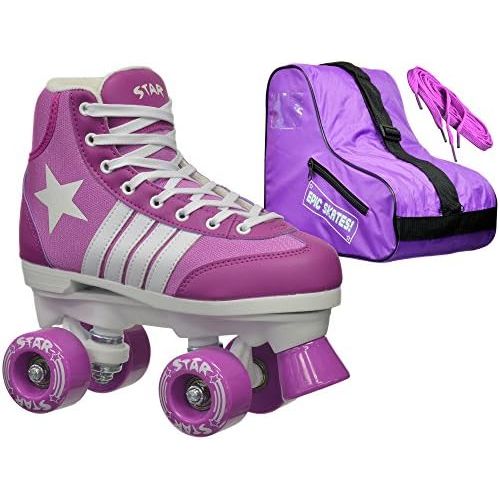  Epic Skates New! 2016 Epic Star Pegasus Indoor Outdoor High-Top Quad Roller Skate 3 Pc. Bundle wBag & Laces (Purple & White) Youth 4