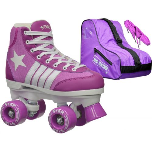  Epic Skates New! 2016 Epic Star Pegasus Indoor Outdoor High-Top Quad Roller Skate 3 Pc. Bundle wBag & Laces (Purple & White) Youth 4