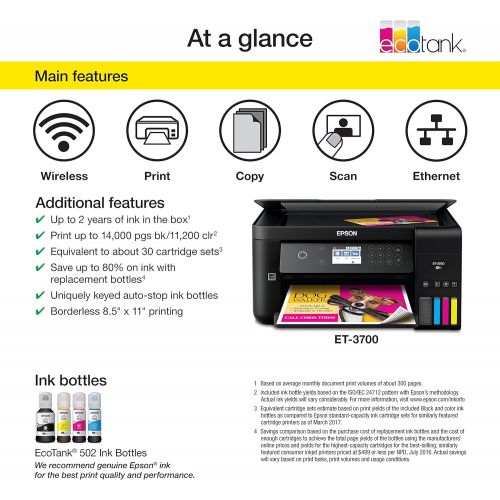 엡손 [아마존베스트]Epson Expression ET-3700 EcoTank Wireless Color All-in-One Supertank Printer with Scanner, Copier and Ethernet