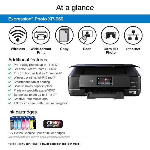 엡손 [아마존베스트]Epson Expression Photo XP-960 Wireless Color Photo Printer with Scanner and Copier, Amazon Dash Replenishment Enabled