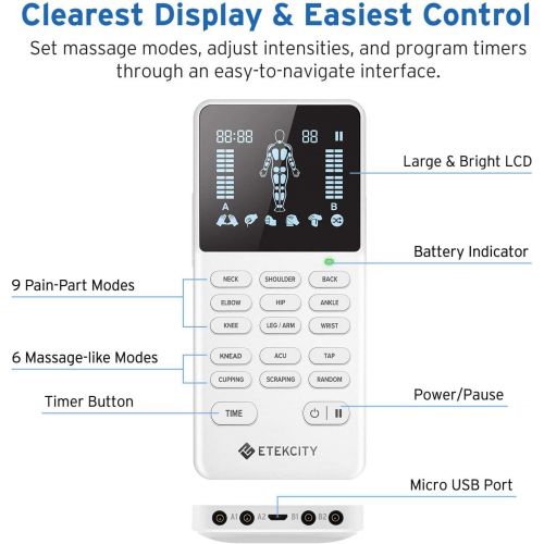  [아마존 핫딜] [아마존핫딜]Etekcity 4 Channels TENS Unit Muscle Stimulator with15 Massage Modes & 20 Intensity Levels, Electric Pulse Rechargeable Therapy Massage Machine with All Accessories, FDA Compliant,