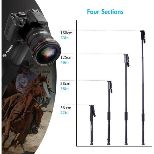  Fotopro Camera Monopod 63 Inch Professional Aluminium Monopod with 4 Section for Camera, Smartphones and Gopro