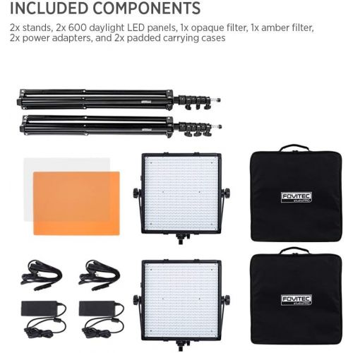  Fovitec - 2X Daylight 900 XD LED Panel Kit wStands & Cases - [95+ CRI][Continuous Lighting][Stepless Knobs][V-Lock Compatible][5600K]