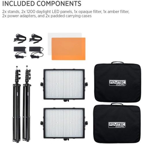  Fovitec - 2X Daylight 1200 XD LED Panel Kit wStands & Cases - [95+ CRI][Continuous Lighting][Stepless Knobs][V-Lock Compatible][5600K]