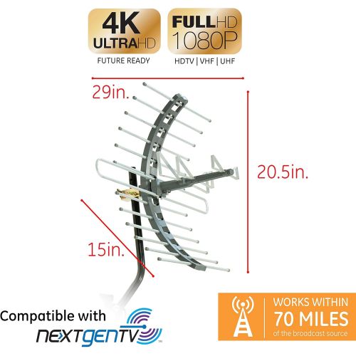  GE 29884 Pro OutdoorAttic Mount TV Antenna - 70 Mile Range - OutdoorAttic HDTV Antenna for VHFUHF Channels - Long Range with Compact Design - Optimized for FULLHD 1080p and 4K