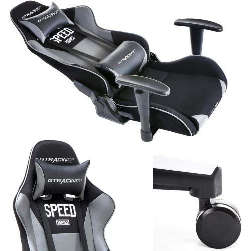  GTRACING High Back Gaming Chair Fabric and PU Racing Chair Backrest and Height Adjustable E-Sports Chair Ergonomic Computer Office Chair Furniture with Pillows GT000 Gray