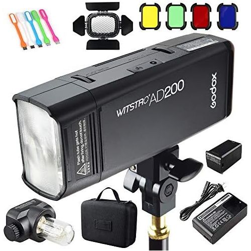  Godox AD200 200Ws 2.4G TTL Speedlite Flash Strobe 18000 HSS Monolight, 2900mAh Lithium Battery with BD-07 Barn Door & Honeycomb Grid and 4 Color Gel Filters