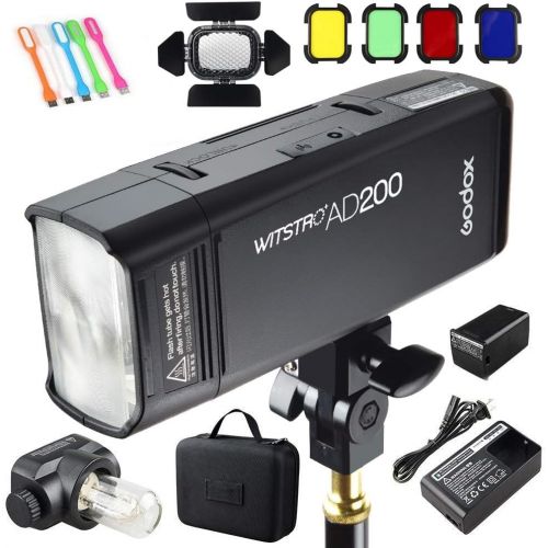  Godox AD200 200Ws 2.4G TTL Speedlite Flash Strobe 18000 HSS Monolight, 2900mAh Lithium Battery with BD-07 Barn Door & Honeycomb Grid and 4 Color Gel Filters