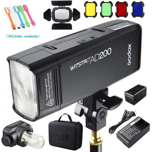  Godox AD200 200Ws 2.4G TTL Speedlite Flash Strobe 18000 HSS Monolight, 2900mAh Lithium Battery with BD-07 Barn Door & Honeycomb Grid and 4 Color Gel Filters