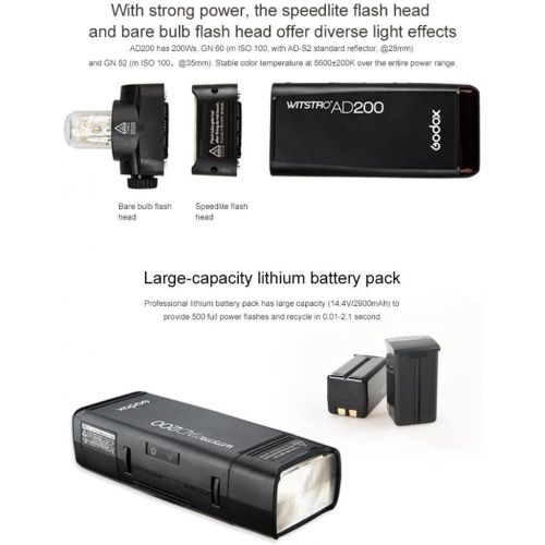  Godox GODOX AD200 has 200Ws GN 60 High Speed Sync Flash Strobe Built-in 2.4G Wireless X System to Achieve TTL 2900mAh Battery to Provide 500 Full Power Flashes Recycle in 0.01-2.1 Second