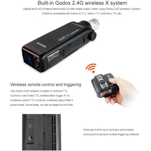  Godox GODOX AD200 has 200Ws GN 60 High Speed Sync Flash Strobe Built-in 2.4G Wireless X System to Achieve TTL 2900mAh Battery to Provide 500 Full Power Flashes Recycle in 0.01-2.1 Second