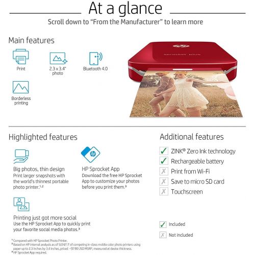 에이치피 [아마존베스트]HP Sprocket Plus Instant Photo Printer, Print 30% Larger Photos on 2.3x3.4 Sticky-Backed Paper  Red (2FR87A)