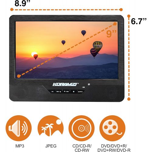  [아마존베스트]Koramzi Portable 9 Dual Screen (1)DVD Player With Rechargeable Battery/ AC Adapter/ AV In/ USB &SD Card Reader/ Remote Control/ Car Adapter/ IR Transmitter Ready/ USB / Headrest Mo