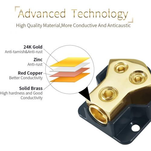  [아마존베스트]LEIGESAUDIO 0/2/4 Gauge in 4/8/10 Gauge Out 2 Way Amp Copper Power Distribution Block for Car Audio Splitter