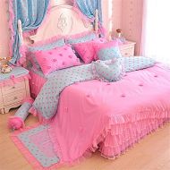 Visit the LELVA Store LELVA Polka Dot Rose Duvet Cover Set with Bed Skirt 4 Piece Romantic Lace Ruffle Wrinkle Girls Bedding Set California King Pink