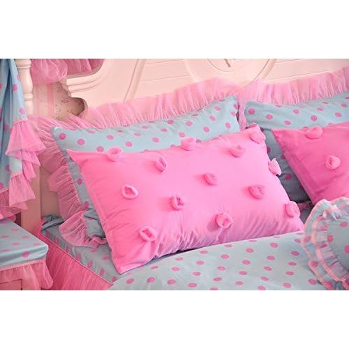  Visit the LELVA Store LELVA Polka Dot Rose Duvet Cover Set with Bed Skirt 4 Piece Romantic Lace Ruffle Wrinkle Girls Bedding Set California King Pink