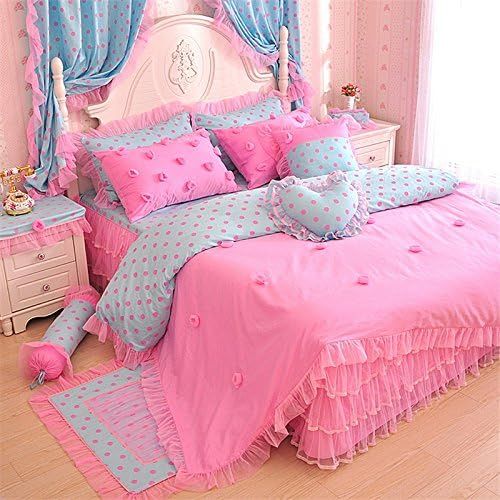  Visit the LELVA Store LELVA Polka Dot Rose Duvet Cover Set with Bed Skirt 4 Piece Romantic Lace Ruffle Wrinkle Girls Bedding Set California King Pink