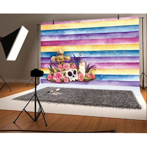  Laeacco Skull Flowers Cross Candle Backdrop 10x7ft Vinyl Photography Background Dia de Muertos Watercolor Stripes Background Colorful