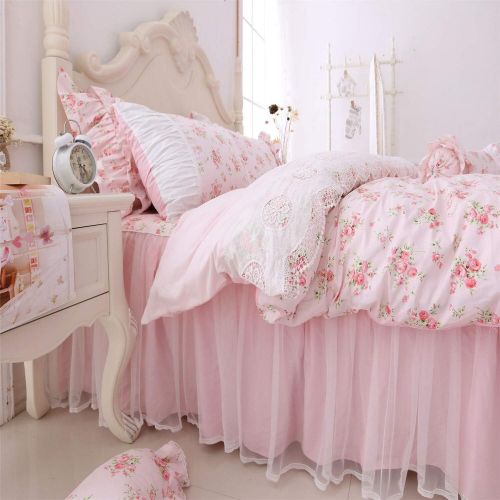  Visit the Lotus Karen Store Lotus Karen Pink Floral Girl Bedding Set Double Layers Ruffles Duvet Cover with Decorative Bowknots Cozy Pastoral Princess Bed Set 100% Cotton Bedding with 1Duvet Cover,1Bed Skirt,