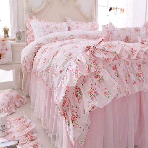  Visit the Lotus Karen Store Lotus Karen Pink Floral Girl Bedding Set Double Layers Ruffles Duvet Cover with Decorative Bowknots Cozy Pastoral Princess Bed Set 100% Cotton Bedding with 1Duvet Cover,1Bed Skirt,