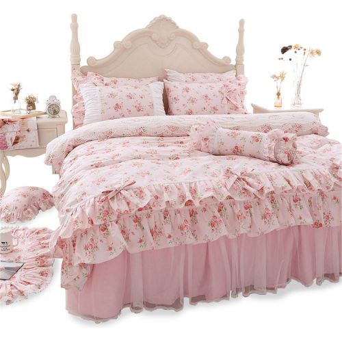  Visit the Lotus Karen Store Lotus Karen Pink Floral Girl Bedding Set Double Layers Ruffles Duvet Cover with Decorative Bowknots Cozy Pastoral Princess Bed Set 100% Cotton Bedding with 1Duvet Cover,1Bed Skirt,