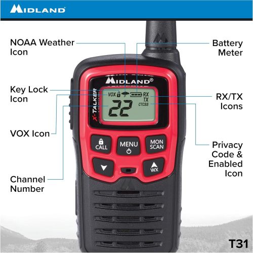  Midland - X-TALKER T31VP, 22 Channel FRS Walkie Talkie - Up to 26 Mile Range Two-Way Radio, 38 Privacy Codes, & NOAA Weather Alert (3 Pack) (BlackRed)