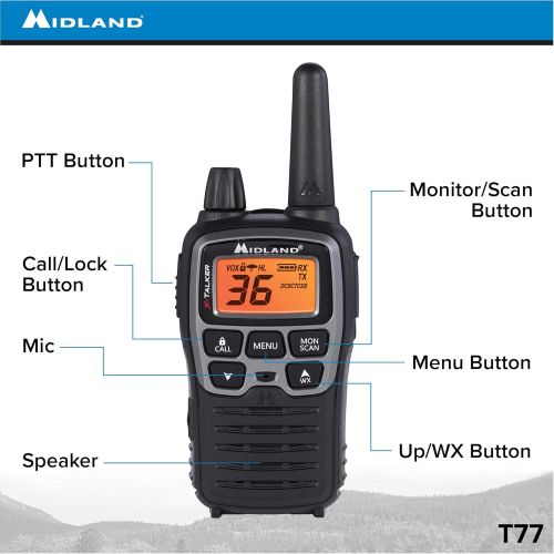  Midland - X-TALKER T77VP5, 36 Channel FRS Two-Way Radio - Up to 38 Mile Range Walkie Talkie, 121 Privacy Codes, and NOAA Weather Scan + Alert (Includes a Carrying Case and Headsets
