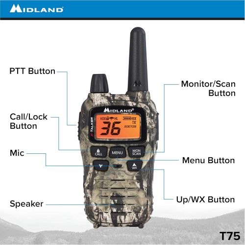  Midland - X-TALKER T77VP5, 36 Channel FRS Two-Way Radio - Up to 38 Mile Range Walkie Talkie, 121 Privacy Codes, and NOAA Weather Scan + Alert (Includes a Carrying Case and Headsets