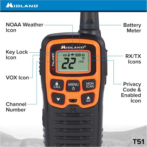  Midland - X-TALKER T51VP3, 22 Channel FRS Walkie Talkie - Up to 28 Mile Range Two-Way Radio, 38 Privacy Codes, NOAA Weather Alert (Pair Pack) (BlackOrange)