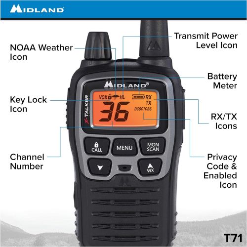  Midland - X-TALKER T71VP3, 36 Channel FRS Two-Way Radio - Up to 38 Mile Range Walkie Talkie, 121 Privacy Codes, NOAA Weather Scan + Alert (Pair Pack) (BlackSilver)