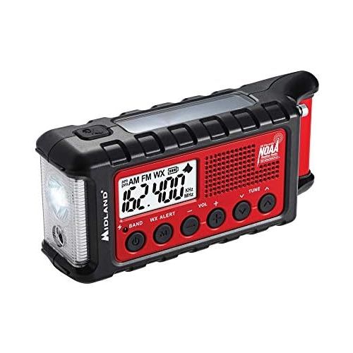  Midland - ER310, Emergency Crank Weather AMFM Radio - Multiple Power Sources, SOS Emergency Flashlight, Ultrasonic Dog Whistle, NOAA Weather Scan + Alert (RedBlack)