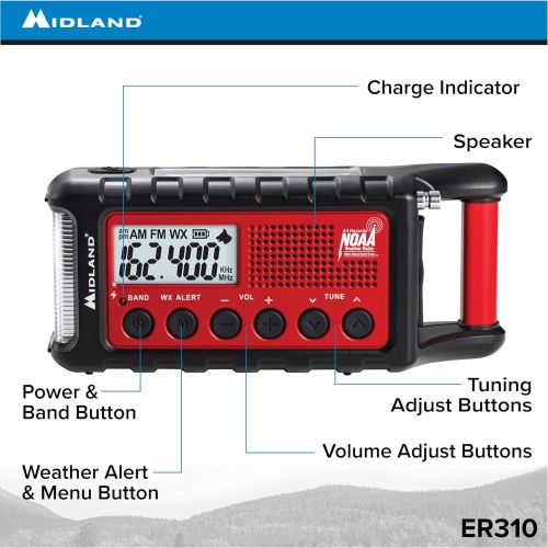  Midland - ER310, Emergency Crank Weather AMFM Radio - Multiple Power Sources, SOS Emergency Flashlight, Ultrasonic Dog Whistle, NOAA Weather Scan + Alert (RedBlack)