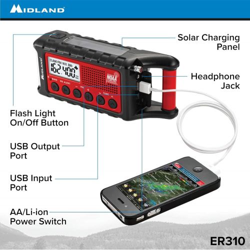  Midland - ER310, Emergency Crank Weather AMFM Radio - Multiple Power Sources, SOS Emergency Flashlight, Ultrasonic Dog Whistle, NOAA Weather Scan + Alert (RedBlack)