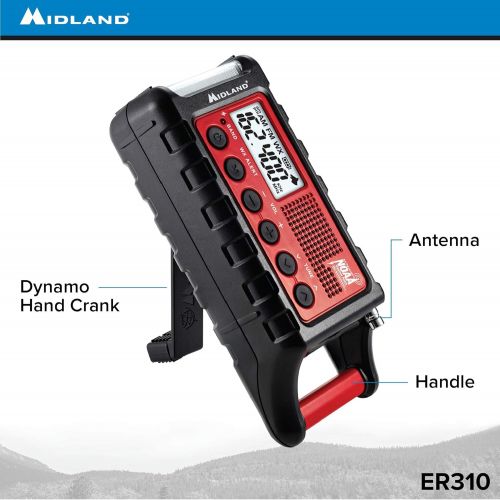  Midland - ER310, Emergency Crank Weather AMFM Radio - Multiple Power Sources, SOS Emergency Flashlight, Ultrasonic Dog Whistle, NOAA Weather Scan + Alert (RedBlack)