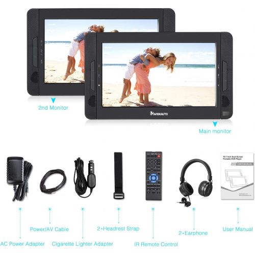  [아마존베스트]NAVISKAUTO 10.1 Dual Screen Portable DVD Player for Car, Headrest Video Player with 5-Hour Rechargeable Battery, Last Memory Function and Two Headphones