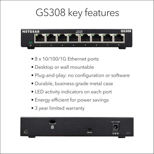  NETGEAR 8-Port Gigabit Ethernet Unmanaged Switch (GS308) - Desktop, Sturdy Metal Fanless Housing